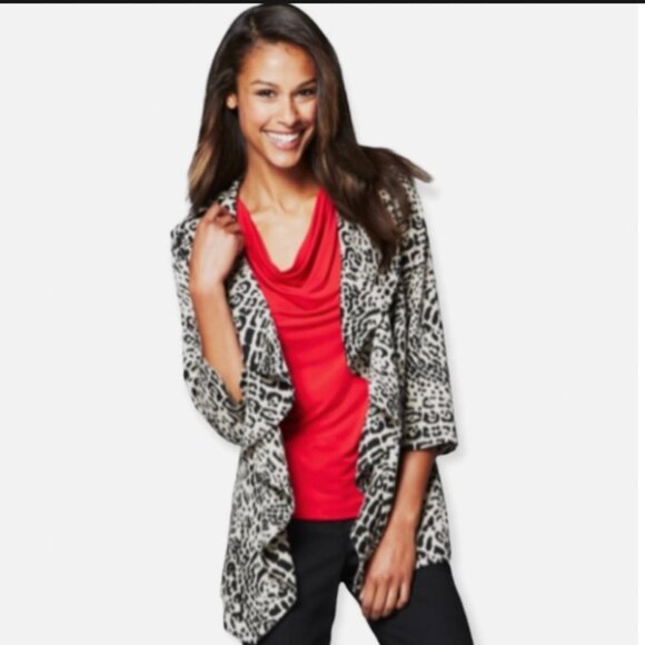 Calvin Klein | Black and White Snake Print Ruffle Front 3/4 Sleeve Blazer 6 - Picture 1 of 7